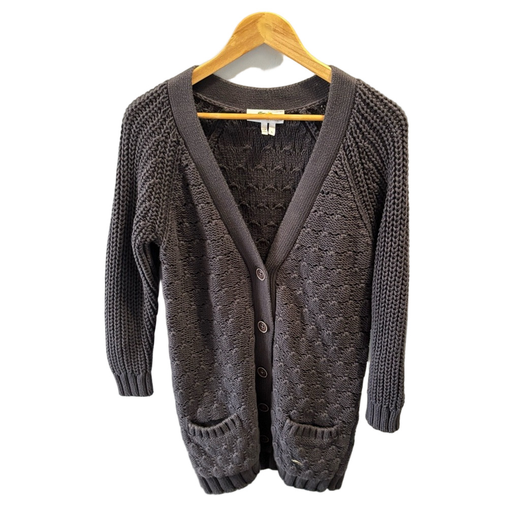 Lacoste x Malandrino Chunky Knit Dark Gray Cardigan Sweater Sz L V-Neck Pockets